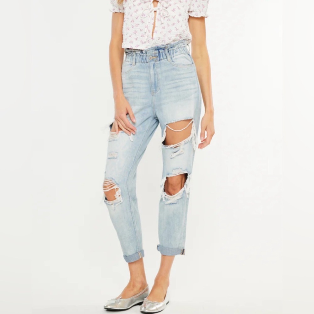 KanCan Paperbag Women's High Rise Light Wash Distressed Blue Jeans